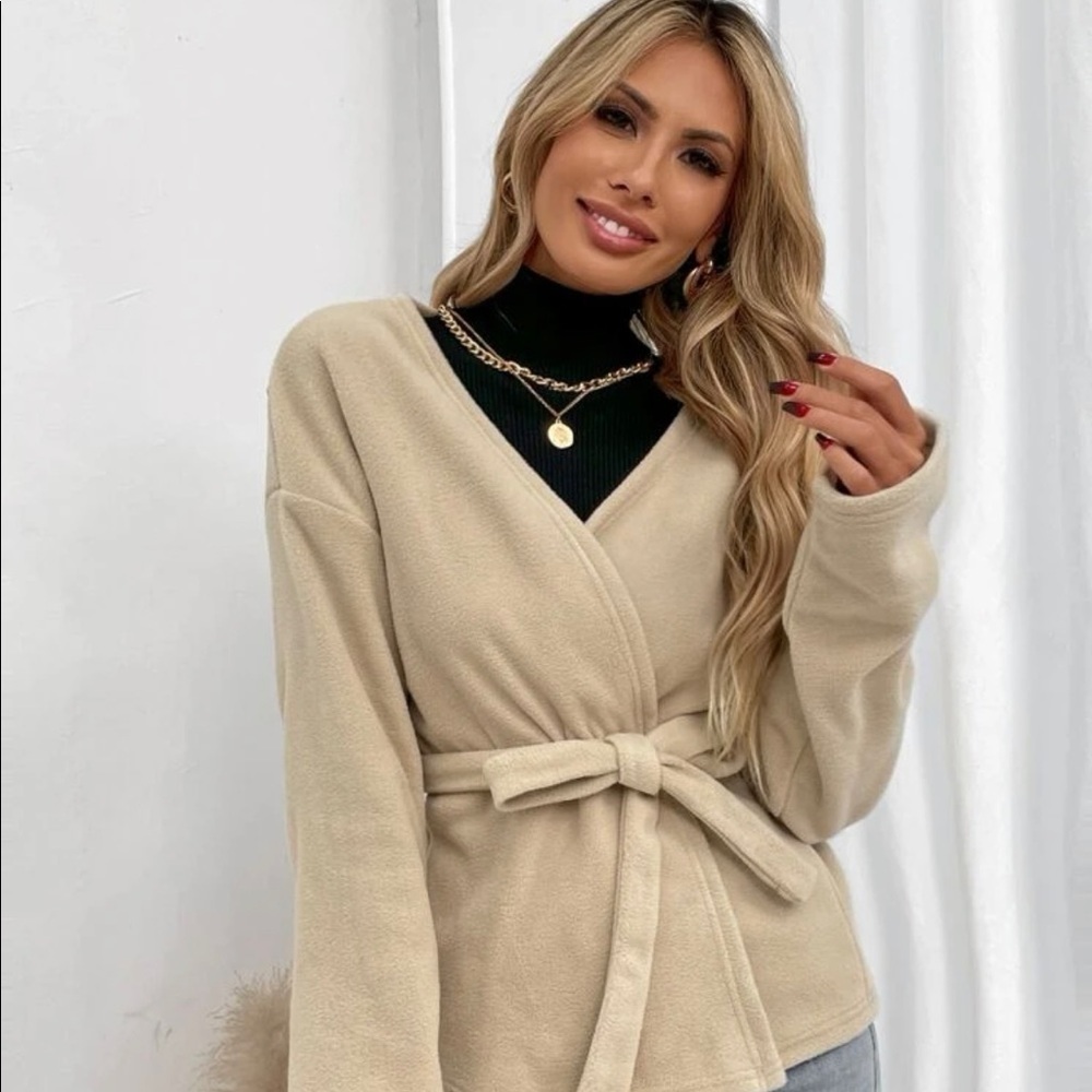 Beige Medium Fleece  Wrap Tie Jacket
